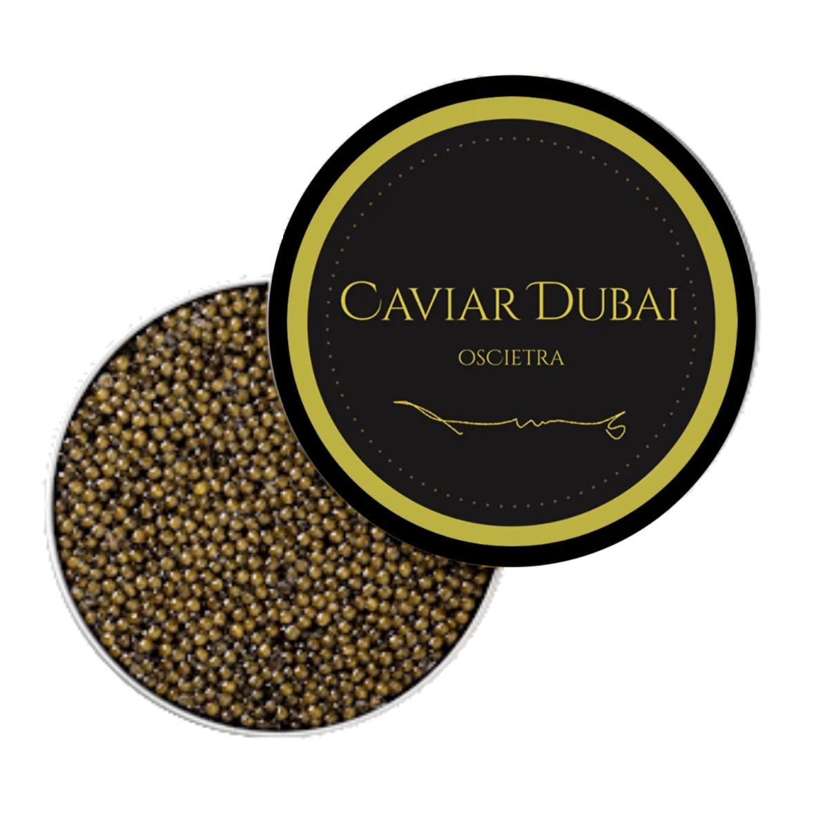 Caviar Dubai Oscietraの商品写真。黒とゴールドの缶とキャビア